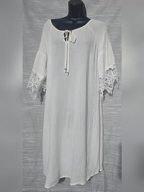 Mlle Gabrielle Sheath Dress Women's Large White Lace Trim Sleeve Tie Neck NWT